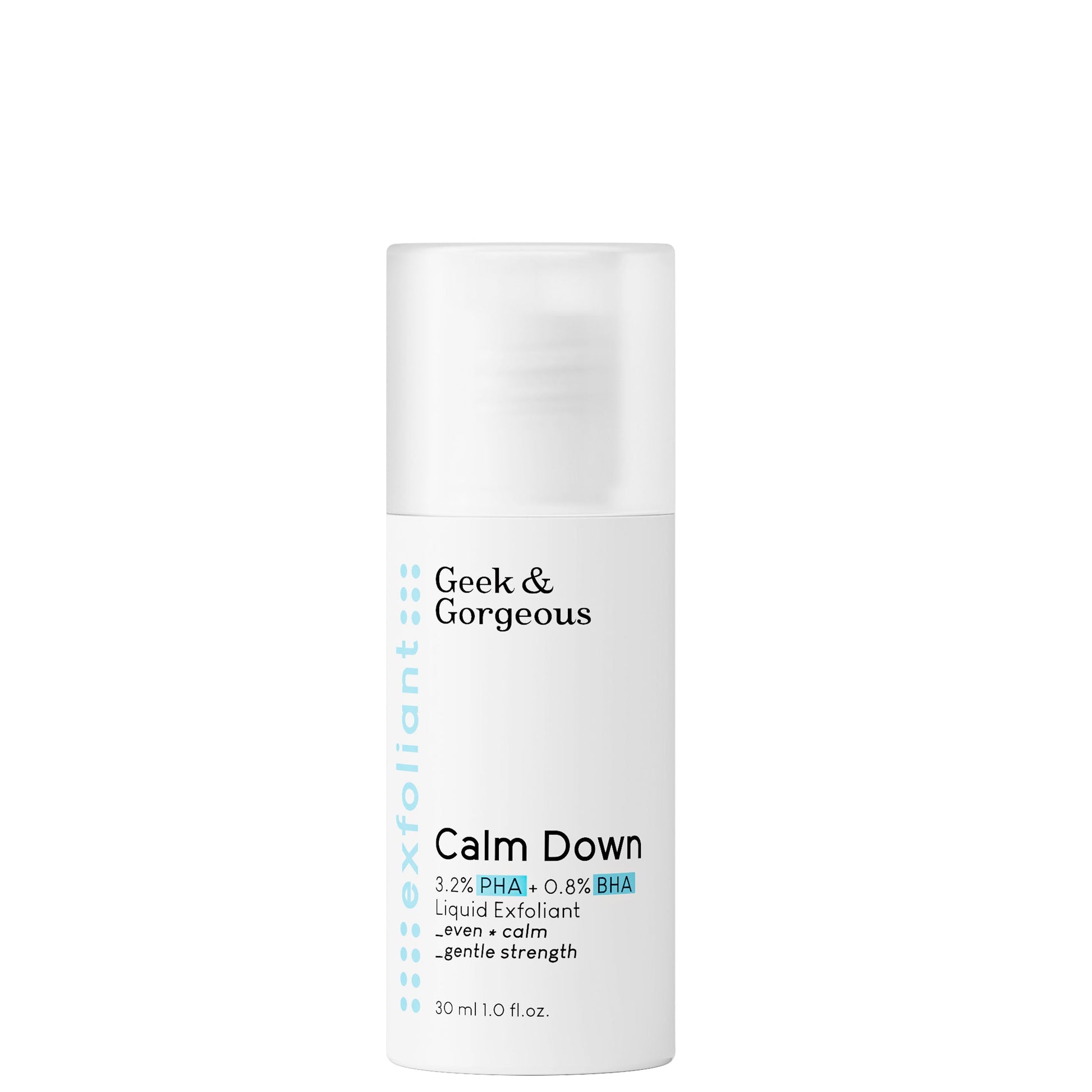 A bottle of the travel-sized (1 fl.oz. /30 ml) version of Calm Down exfoliator, on white background.
