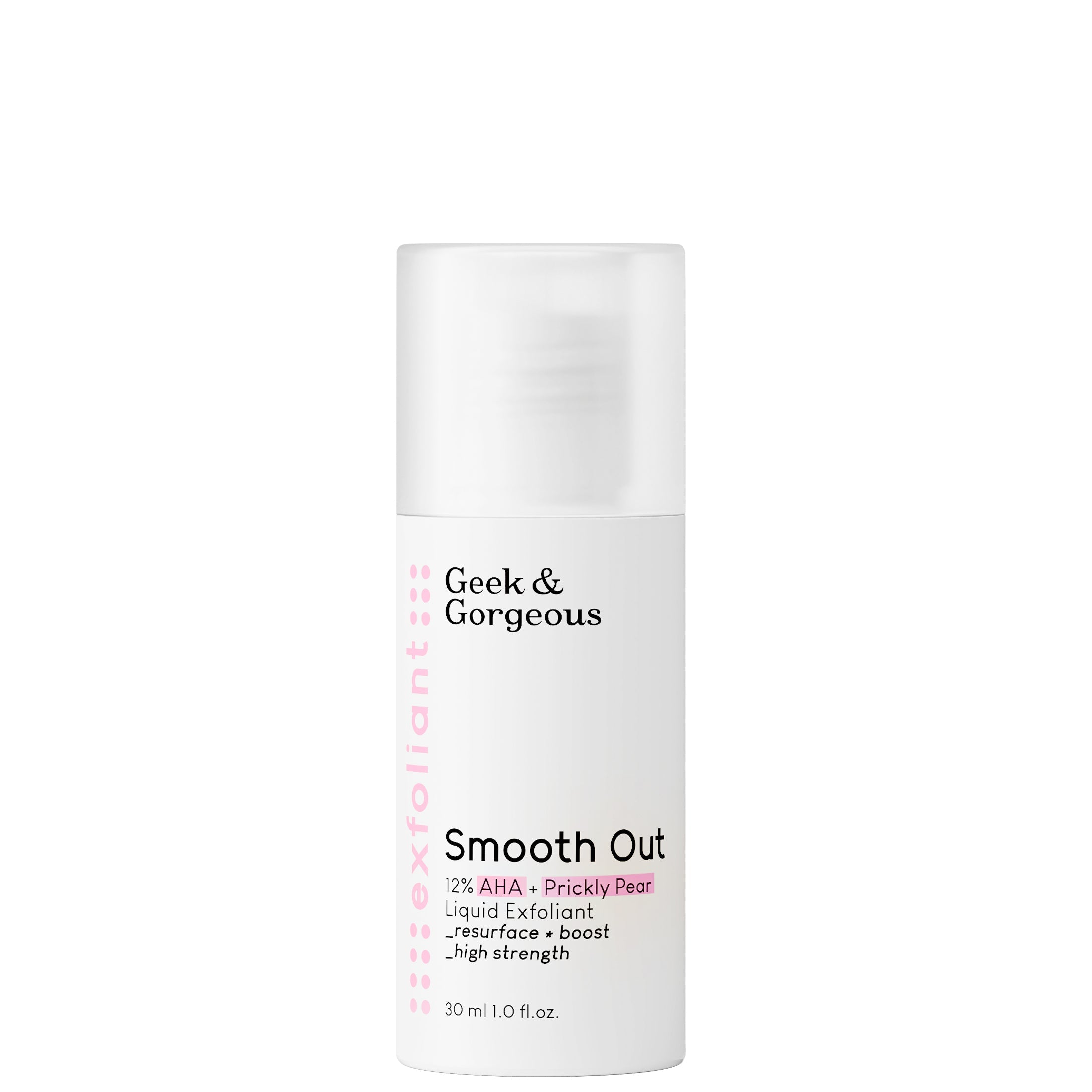 A bottle of the travel-sized (1 fl.oz. /30 ml) version of Smooth Out exfoliator, on white background.