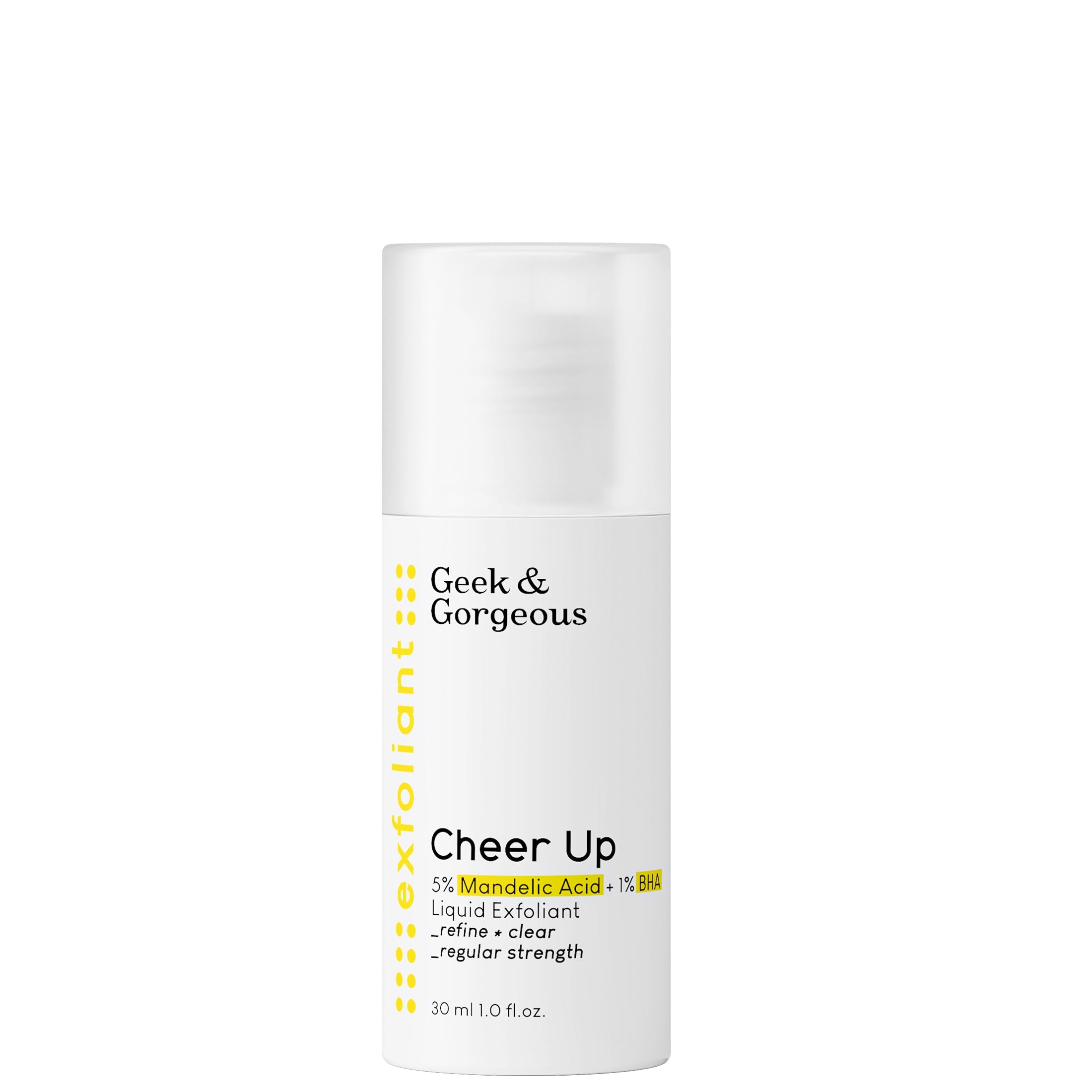 A bottle of the travel-sized (1 fl.oz. /30 ml) version of Cheer Up exfoliator, on white background.