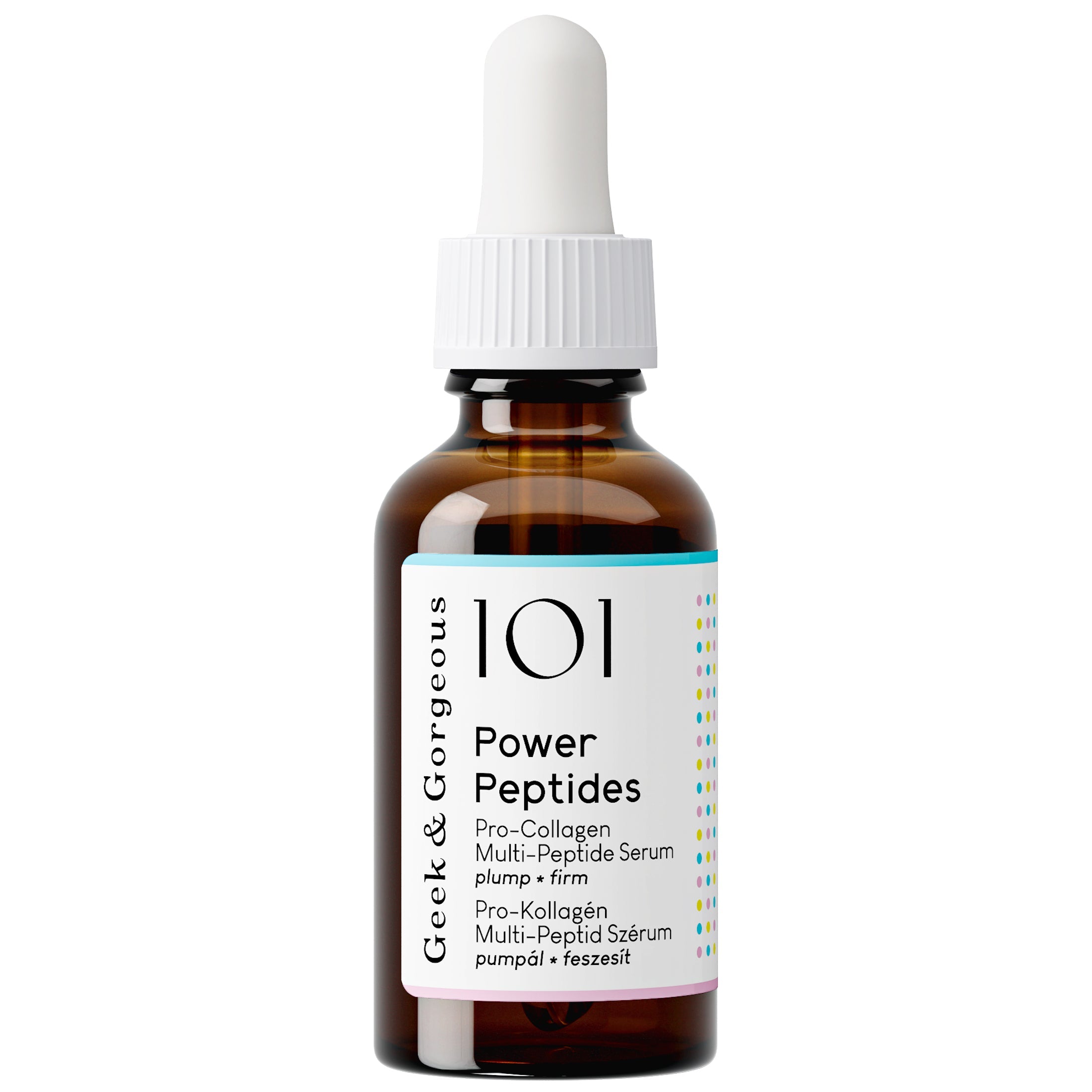 A bottle of Power Peptides serum on white background. The bottle is made out of glass, and has a pipette with a rubber head.