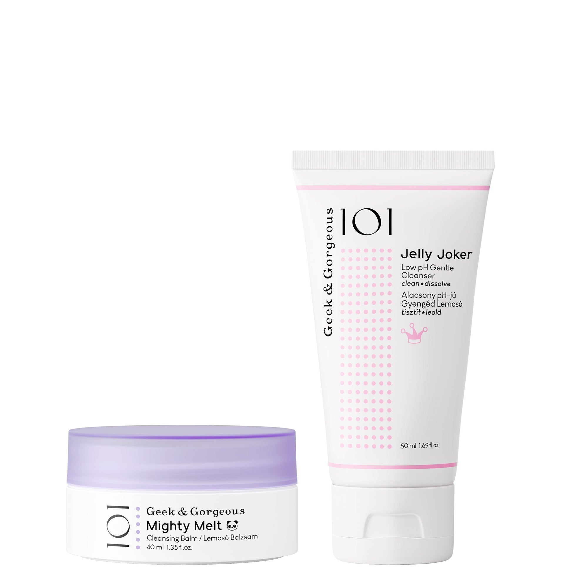 Double Cleanse Minis, a duo featuring a travel sized version of Mighty Melt Cleansing Balm (40 ml), and a travel sized version of Jelly Joker Low pH Gentle Cleanser (50 ml). They are standing in front of 
a white background. 